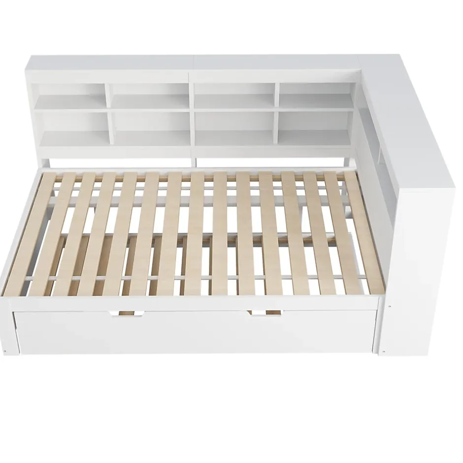 Okwish Lit Gigogne 140x200 cm avec Lit Tiroir 90x190 cm, en Bois Massif avec Rangement et Prise USB Intégrée, Lit Multifonction Blanc New