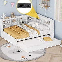 Okwish Lit Gigogne 140x200 cm avec Lit Tiroir 90x190 cm, en Bois Massif avec Rangement et Prise USB Intégrée, Lit Multifonction Blanc New