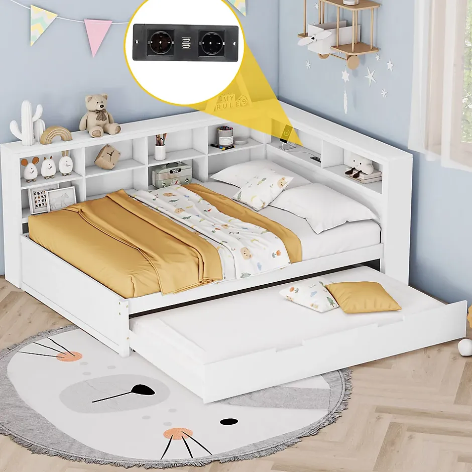 Okwish Lit Gigogne 140x200 cm avec Lit Tiroir 90x190 cm, en Bois Massif avec Rangement et Prise USB Intégrée, Lit Multifonction Blanc New