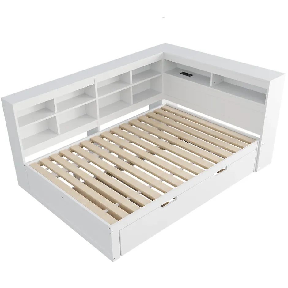 Okwish Lit Gigogne 140x200 cm avec Lit Tiroir 90x190 cm, en Bois Massif avec Rangement et Prise USB Intégrée, Lit Multifonction Blanc New