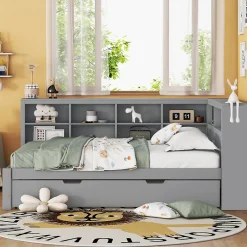 Okwish Lit Gigogne 140x200 cm avec Lit Tiroir 90x190 cm, en Bois Massif avec Rangement et Prise USB Intégrée, Lit Multifonction Gris