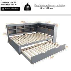 Okwish Lit Gigogne 140x200 cm avec Lit Tiroir 90x190 cm, en Bois Massif avec Rangement et Prise USB Intégrée, Lit Multifonction Gris