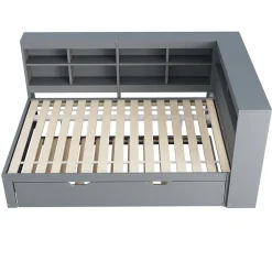 Okwish Lit Gigogne 140x200 cm avec Lit Tiroir 90x190 cm, en Bois Massif avec Rangement et Prise USB Intégrée, Lit Multifonction Gris