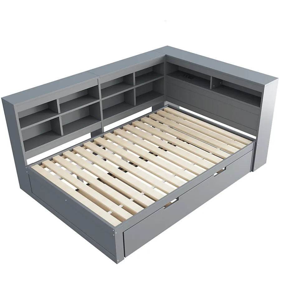 Okwish Lit Gigogne 140x200 cm avec Lit Tiroir 90x190 cm, en Bois Massif avec Rangement et Prise USB Intégrée, Lit Multifonction Gris