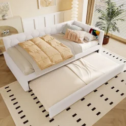 Okwish Lit gigogne 90x200 cm avec lit tiroir, lampe intégrée, ports USB et Type-C - 2 couchages gain de place - blanc imitation laine