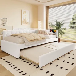 Okwish Lit gigogne 90x200 cm avec lit tiroir, lampe intégrée, ports USB et Type-C - 2 couchages gain de place - blanc imitation laine