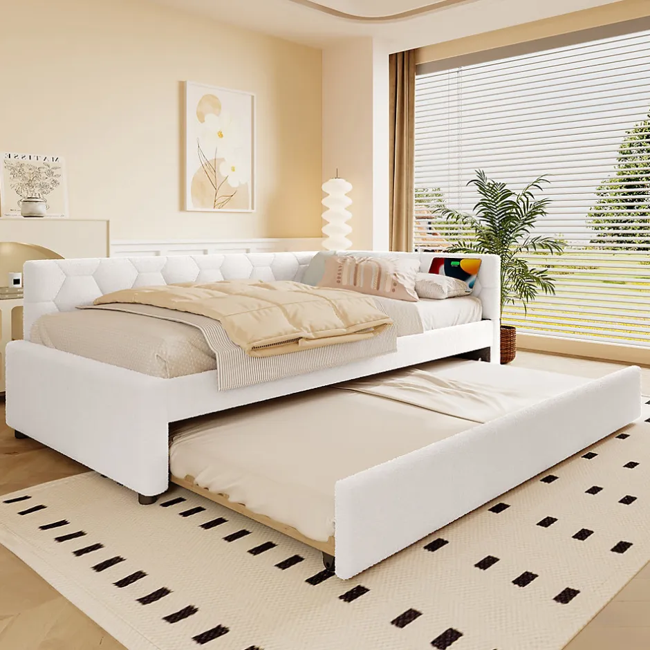 Okwish Lit gigogne 90x200 cm avec lit tiroir, lampe intégrée, ports USB et Type-C - 2 couchages gain de place - blanc imitation laine