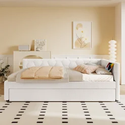 Okwish Lit gigogne 90x200 cm avec lit tiroir, lampe intégrée, ports USB et Type-C - 2 couchages gain de place - blanc imitation laine