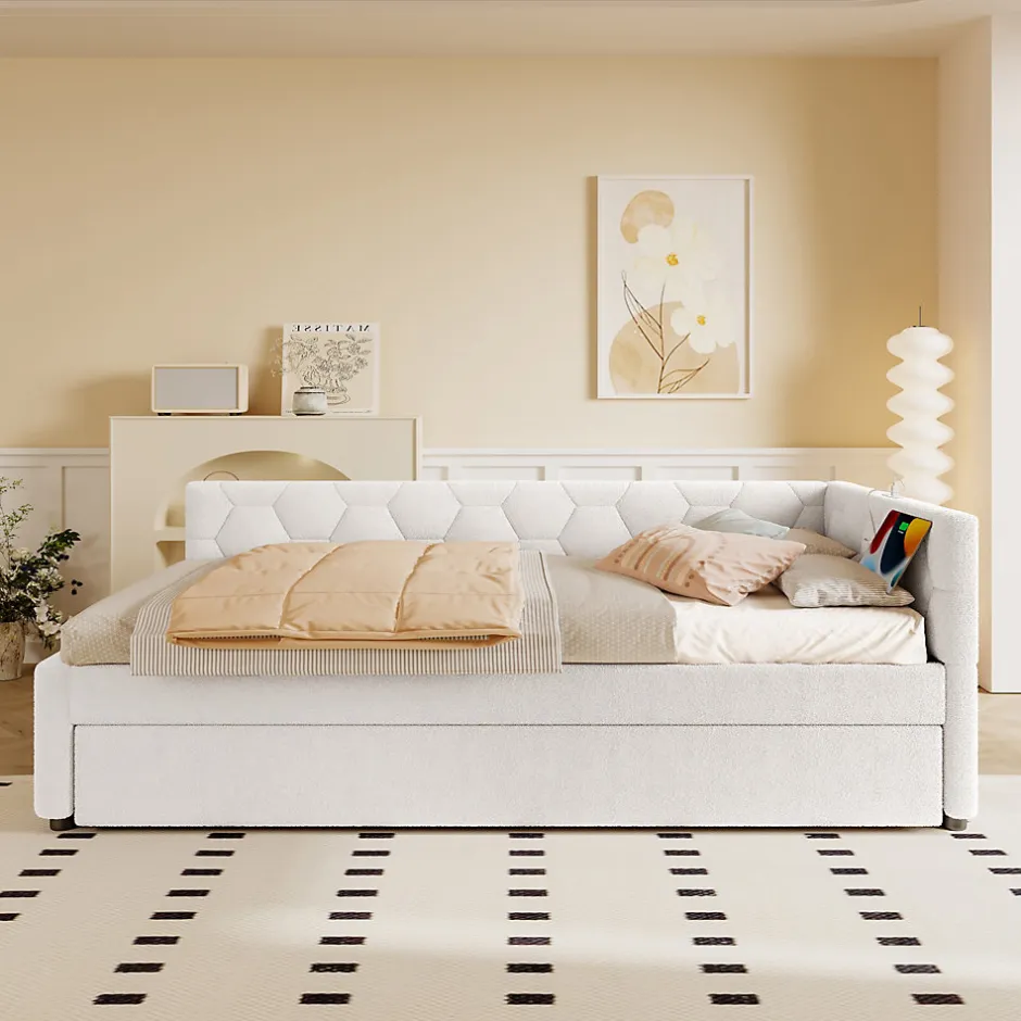 Okwish Lit gigogne 90x200 cm avec lit tiroir, lampe intégrée, ports USB et Type-C - 2 couchages gain de place - blanc imitation laine
