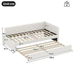 Okwish Lit gigogne 90x200 cm avec lit tiroir, lampe intégrée, ports USB et Type-C - 2 couchages gain de place - blanc imitation laine
