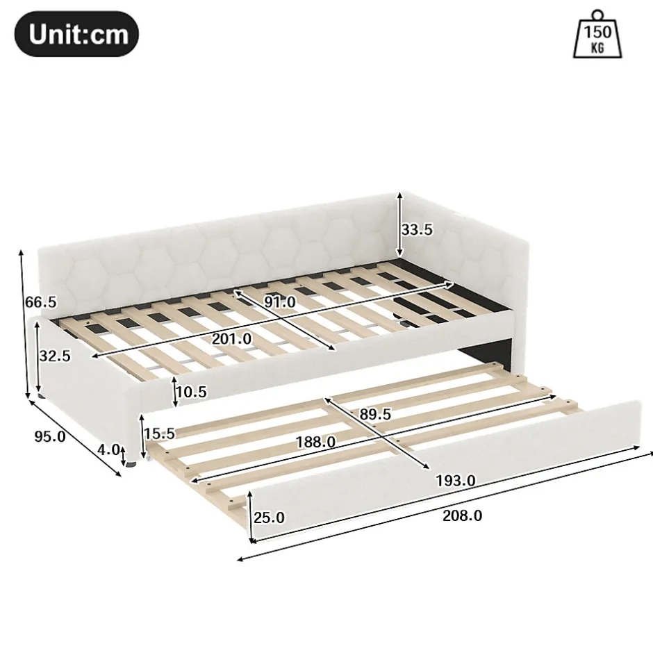 Okwish Lit gigogne 90x200 cm avec lit tiroir, lampe intégrée, ports USB et Type-C - 2 couchages gain de place - blanc imitation laine