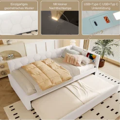 Okwish Lit gigogne 90x200 cm avec lit tiroir, lampe intégrée, ports USB et Type-C - 2 couchages gain de place - blanc imitation laine
