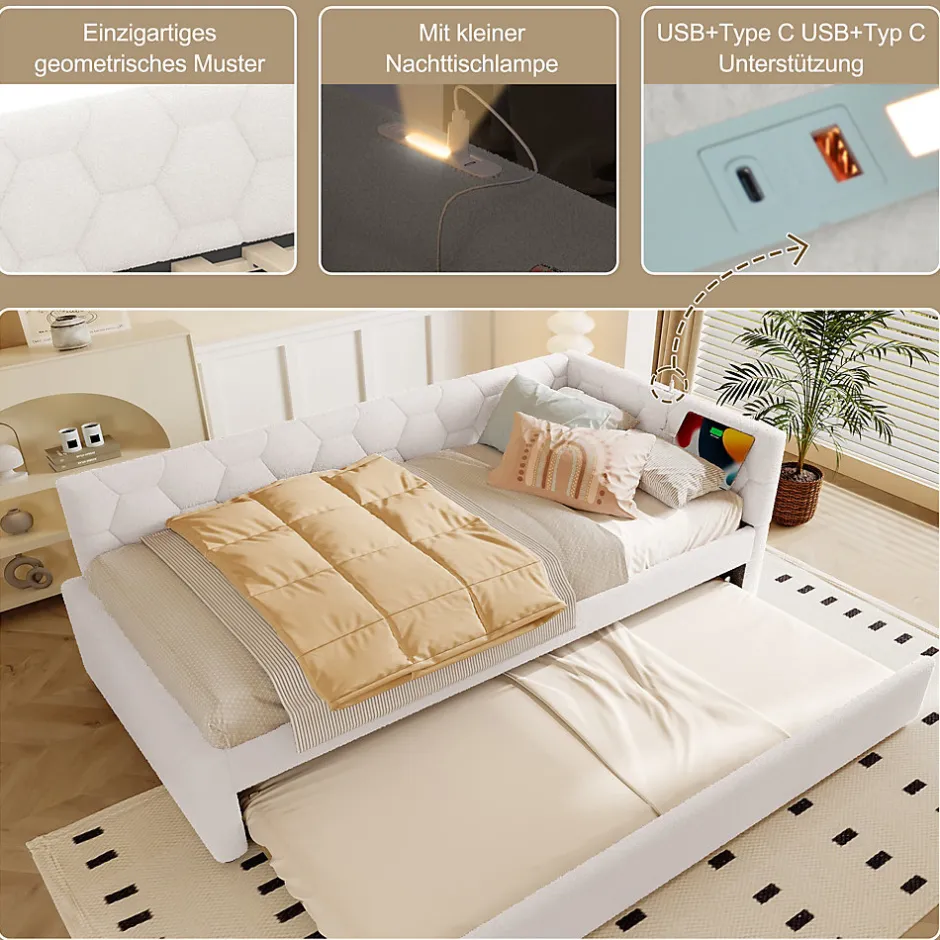 Okwish Lit gigogne 90x200 cm avec lit tiroir, lampe intégrée, ports USB et Type-C - 2 couchages gain de place - blanc imitation laine
