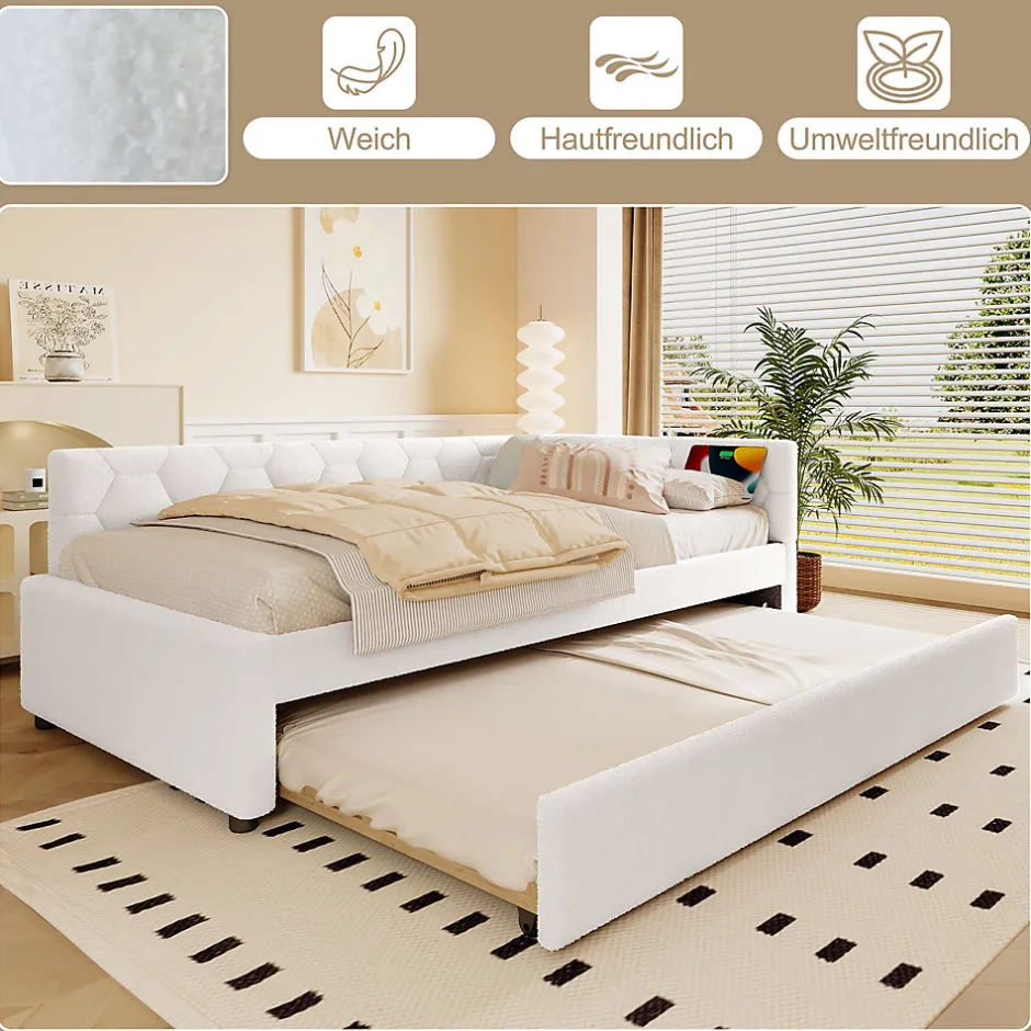 Okwish Lit gigogne 90x200 cm avec lit tiroir, lampe intégrée, ports USB et Type-C - 2 couchages gain de place - blanc imitation laine
