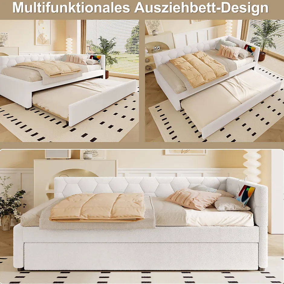 Okwish Lit gigogne 90x200 cm avec lit tiroir, lampe intégrée, ports USB et Type-C - 2 couchages gain de place - blanc imitation laine