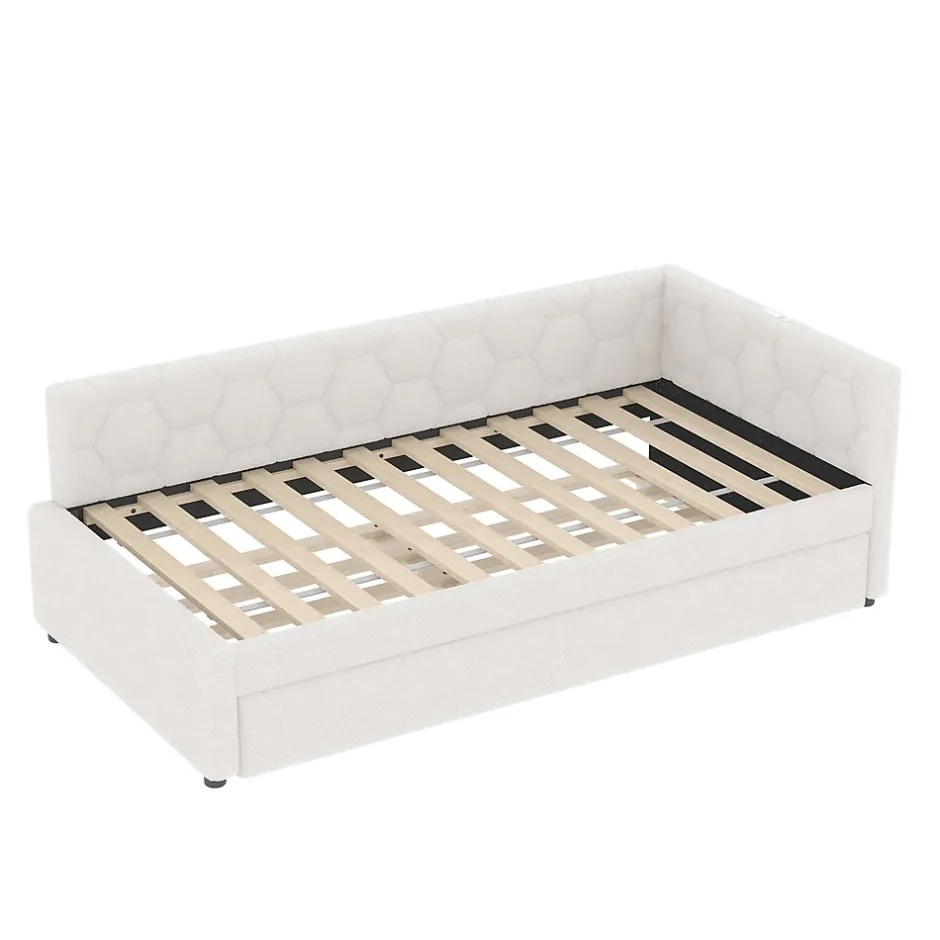 Okwish Lit gigogne 90x200 cm avec lit tiroir, lampe intégrée, ports USB et Type-C - 2 couchages gain de place - blanc imitation laine