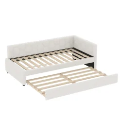 Okwish Lit gigogne 90x200 cm avec lit tiroir, lampe intégrée, ports USB et Type-C - 2 couchages gain de place - blanc imitation laine