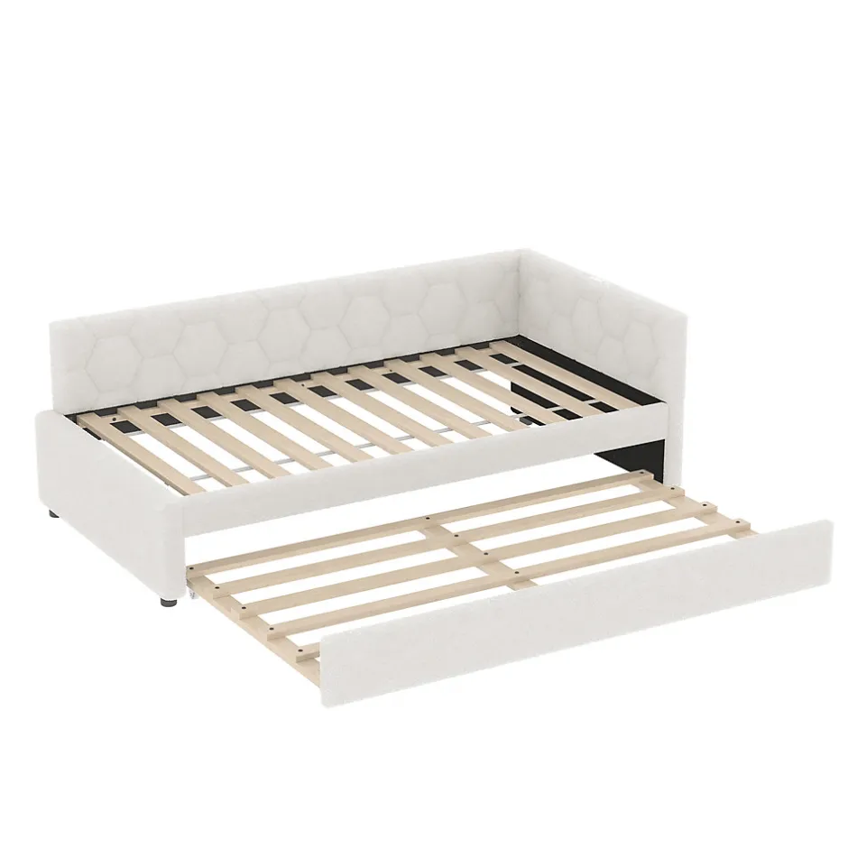 Okwish Lit gigogne 90x200 cm avec lit tiroir, lampe intégrée, ports USB et Type-C - 2 couchages gain de place - blanc imitation laine