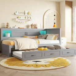 Okwish Lit gigogne 90x200 cm avec rangement latéral, LED télécommande et ports USB - sommier inclus - sans matelas - gris