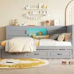 Okwish Lit gigogne 90x200 cm avec rangement latéral, LED télécommande et ports USB - sommier inclus - sans matelas - gris