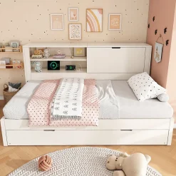 Okwish Lit Gigogne 90x190/200 cm avec Rangement, Compartiment Ouvert et Ports USB/USB-C, MDF/Contreplaqué/Panneaux de Particules, Blanc