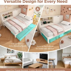 Okwish Lit Gigogne 90x190/200 cm avec Rangement, Compartiment Ouvert et Ports USB/USB-C, MDF/Contreplaqué/Panneaux de Particules, Blanc