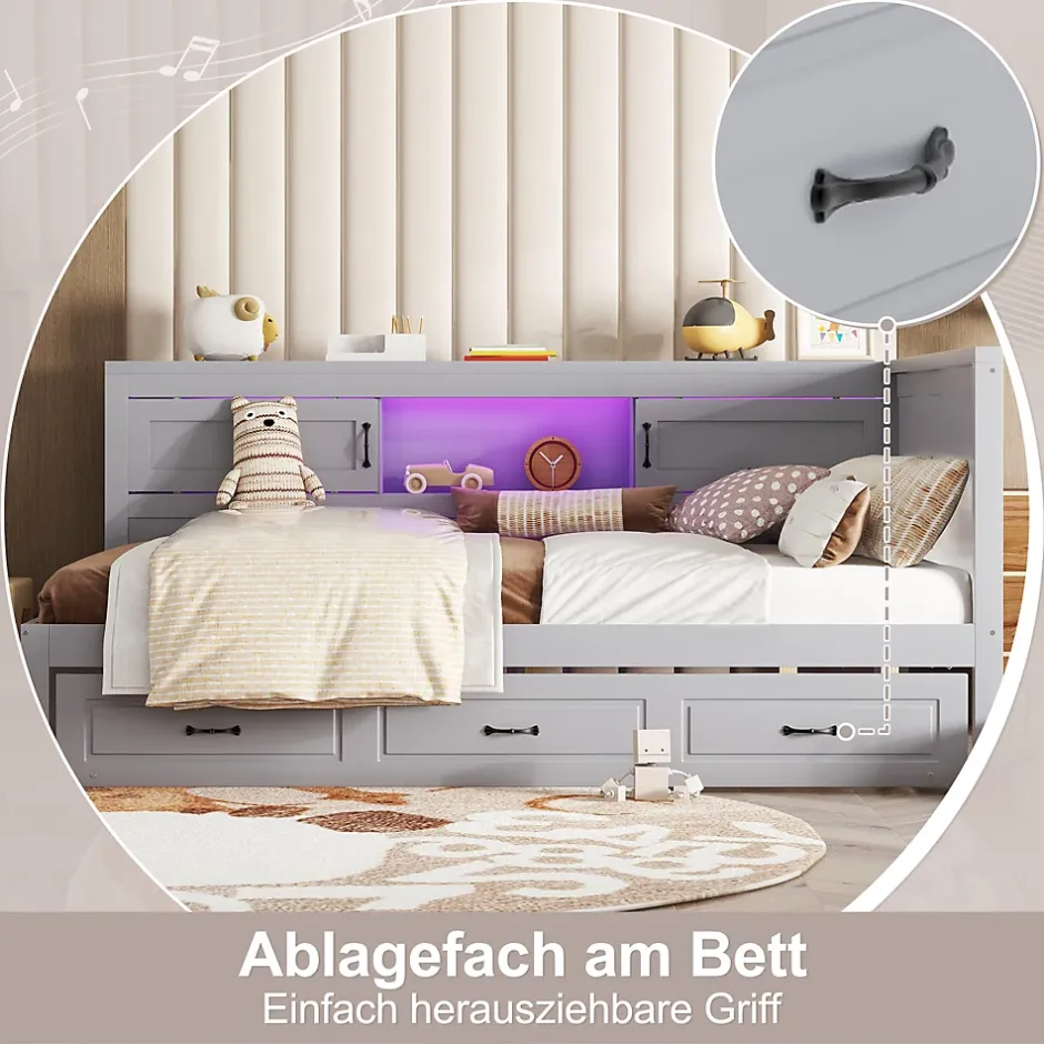 Okwish Lit gigogne 140x200 cm avec rangement latéral, LED télécommande et ports USB - sommier inclus - sans matelas - gris New