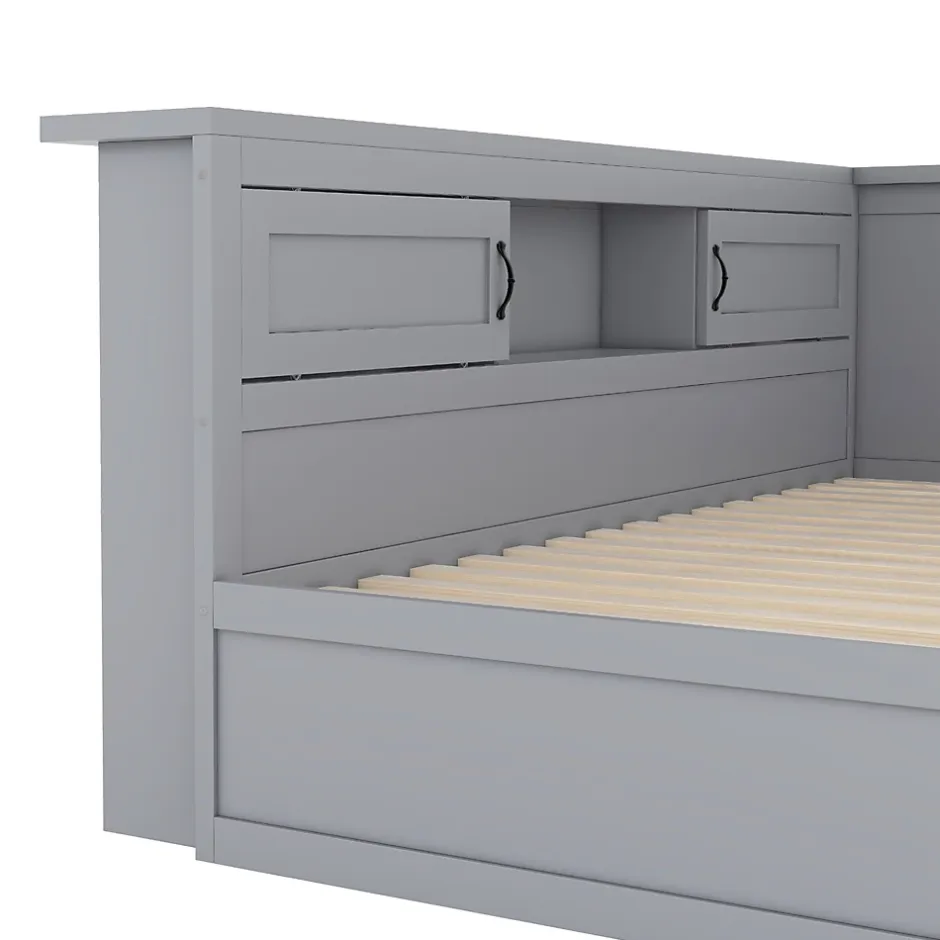 Okwish Lit gigogne 140x200 cm avec rangement latéral, LED télécommande et ports USB - sommier inclus - sans matelas - gris New