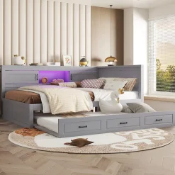 Okwish Lit gigogne 140x200 cm avec rangement latéral, LED télécommande et ports USB - sommier inclus - sans matelas - gris New