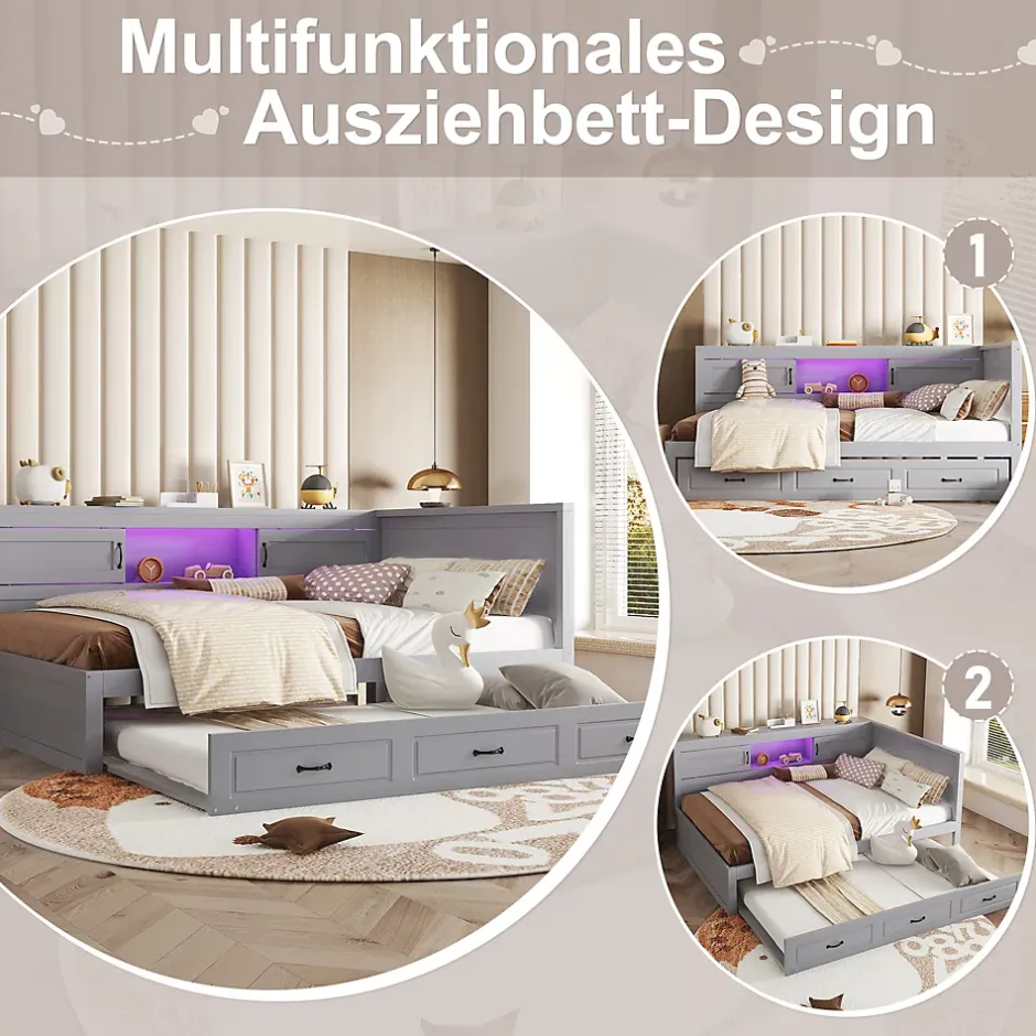 Okwish Lit gigogne 140x200 cm avec rangement latéral, LED télécommande et ports USB - sommier inclus - sans matelas - gris New