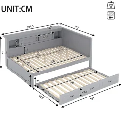 Okwish Lit gigogne 140x200 cm avec rangement latéral, LED télécommande et ports USB - sommier inclus - sans matelas - gris New