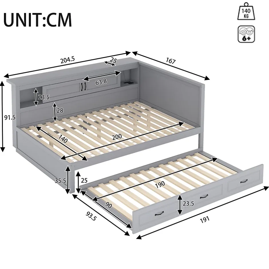 Okwish Lit gigogne 140x200 cm avec rangement latéral, LED télécommande et ports USB - sommier inclus - sans matelas - gris New