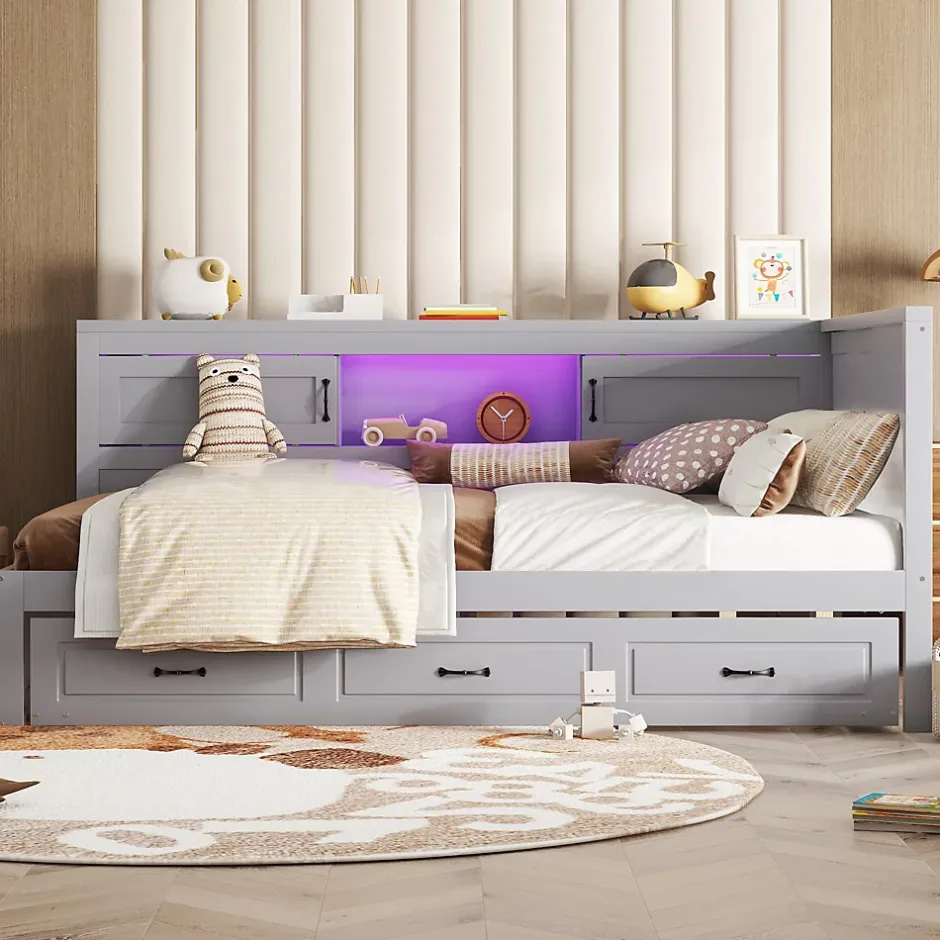 Okwish Lit gigogne 140x200 cm avec rangement latéral, LED télécommande et ports USB - sommier inclus - sans matelas - gris New