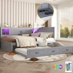 Okwish Lit gigogne 140x200 cm avec rangement latéral, LED télécommande et ports USB - sommier inclus - sans matelas - gris New