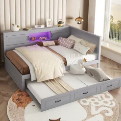 Okwish Lit gigogne 140x200 cm avec rangement latéral, LED télécommande et ports USB - sommier inclus - sans matelas - gris New