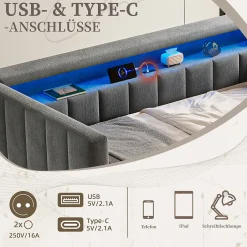 Okwish Lit Gigogne 90x190 cm avec Rangement, LED et Port USB Type-C, Design Capitonné en Velours Gris, pour Chambre d'Ado ou Invités Hot