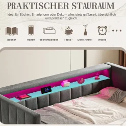 Okwish Lit Gigogne 90x190 cm avec Rangement, LED et Port USB Type-C, Design Capitonné en Velours Gris, pour Chambre d'Ado ou Invités Hot