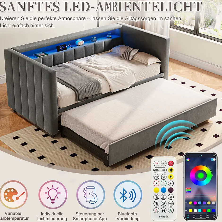 Okwish Lit Gigogne 90x190 cm avec Rangement, LED et Port USB Type-C, Design Capitonné en Velours Gris, pour Chambre d'Ado ou Invités Hot