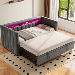 Okwish Lit Gigogne 90x190 cm avec Rangement, LED et Port USB Type-C, Design Capitonné en Velours Gris, pour Chambre d'Ado ou Invités Hot