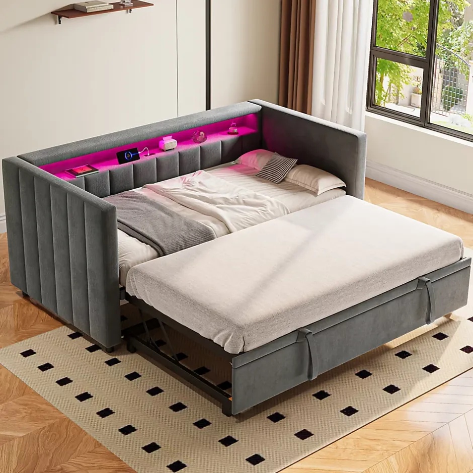 Okwish Lit Gigogne 90x190 cm avec Rangement, LED et Port USB Type-C, Design Capitonné en Velours Gris, pour Chambre d'Ado ou Invités Hot