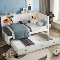 Okwish Lit gigogne 90x200 cm avec rangement latéral, LED télécommande et ports USB - sommier inclus - blanc - sans matelas