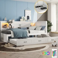 Okwish Lit gigogne 90x200 cm avec rangement latéral, LED télécommande et ports USB - sommier inclus - blanc - sans matelas