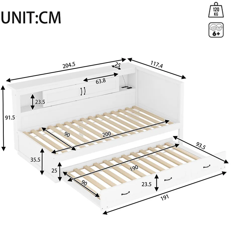 Okwish Lit gigogne 90x200 cm avec rangement latéral, LED télécommande et ports USB - sommier inclus - blanc - sans matelas