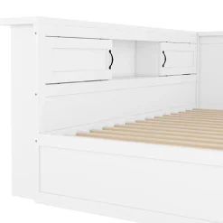 Okwish Lit gigogne 90x200 cm avec rangement latéral, LED télécommande et ports USB - sommier inclus - blanc - sans matelas