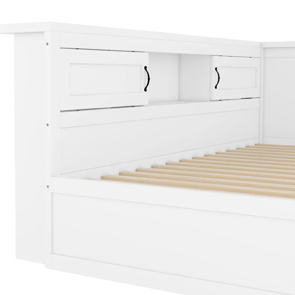 Okwish Lit gigogne 90x200 cm avec rangement latéral, LED télécommande et ports USB - sommier inclus - blanc - sans matelas