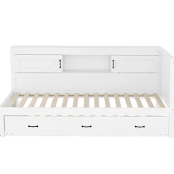 Okwish Lit gigogne 90x200 cm avec rangement latéral, LED télécommande et ports USB - sommier inclus - blanc - sans matelas