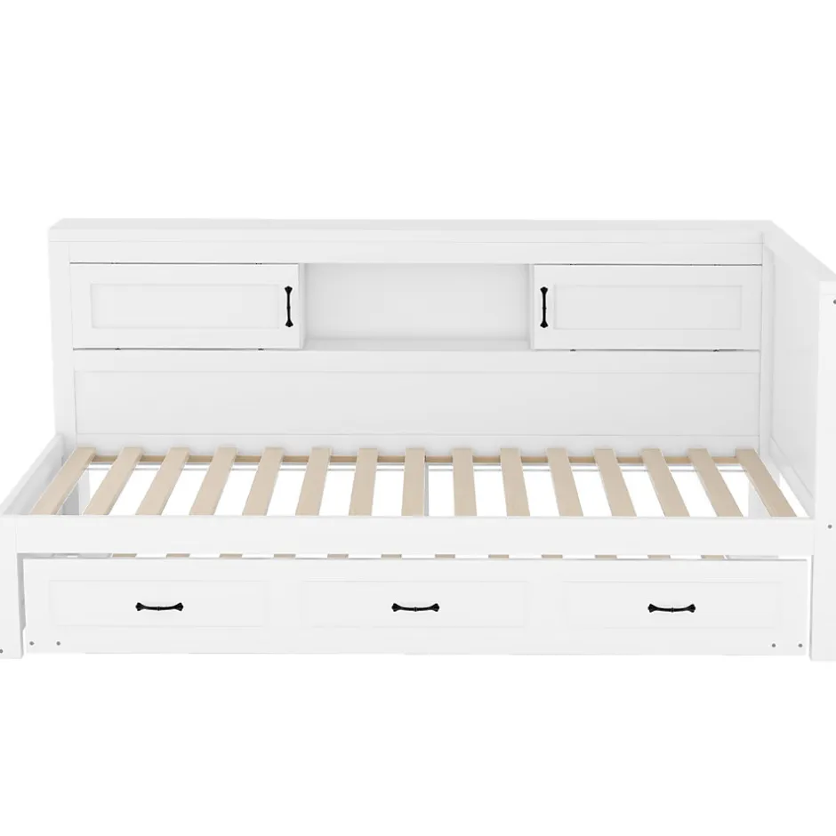 Okwish Lit gigogne 90x200 cm avec rangement latéral, LED télécommande et ports USB - sommier inclus - blanc - sans matelas