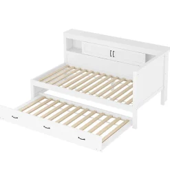 Okwish Lit gigogne 90x200 cm avec rangement latéral, LED télécommande et ports USB - sommier inclus - blanc - sans matelas
