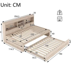 Okwish Lit gigogne 90x200 cm avec rangement latéral, LED télécommande et ports USB - sommier inclus - naturel - sans matelas Hot