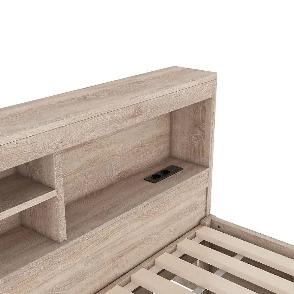 Okwish Lit gigogne 90x200 cm avec rangement latéral, LED télécommande et ports USB - sommier inclus - naturel - sans matelas Hot